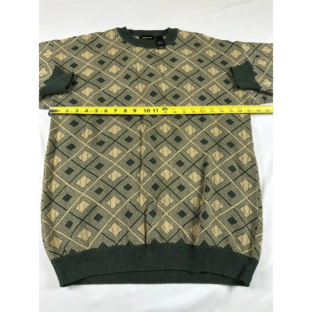 Vtg 90s CLAIBORNE Green Tan Argyle Diamond Crew Sweater Grunge Gpa Academia Sz M